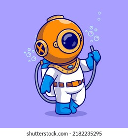 Cute Diver With Aqualung Oxygen Cartoon Vector Icon Illustration. Science Nature Icon Concept Isolated Premium Vector. Flat Cartoon Style