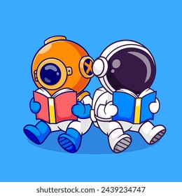 Cute Diver And Astronaut Reading Book Cartoon Vector Icon Illustration. Science Education Icon Concept Isolated Premium Vector. Flat Cartoon Style