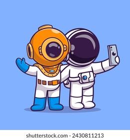 Netter Taucher und Astronaut Selfie mit Telefon-Cartoon-Vektor-Symbol-Illustration. Science Technology Icon Concept Isolated Premium Vector. Flacher Zeichentrickstil