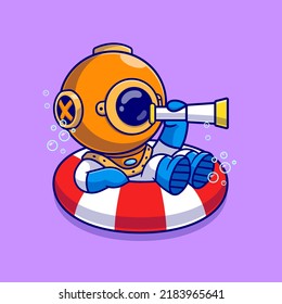 Cute Diver Binocular On Tires Cartoon Vector Icon Illustration. Science Nature Icon Concept Isolated Premium Vector. Flat Cartoon Style