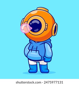 Cute Diver Blowing Gum With Hoodie Cartoon Vector Icon Illustration. Science Fashion Icon Concept Isolated Premium Vector. Flat Cartoon Style