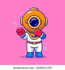 Cute Diver Boxing Cartoon Vector Icon Illustration. Science Sport Icon Concept Isolated Premium Vector. Flat Cartoon Style