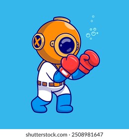 Cute Diver Boxing Cartoon Vector Icon Illustration. Science Sport Icon Concept Isolated Premium Vector. Flat Cartoon Style