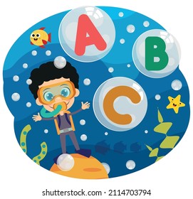 Cute diver boy and cute bubble letters in the sea