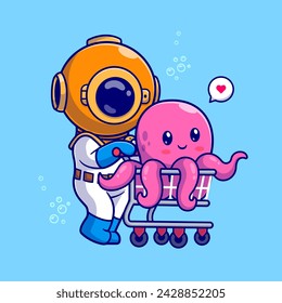 Cute Diver Bring Octopus With Trolley Cartoon Vector Icon Illustration. Science Animal Icon Concept Isolated Premium Vector. Flat Cartoon Style