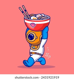 Cute Diver Bring Ramen Noodle Cartoon Vector Icon Illustration. Science Food Icon Concept Isolated Premium Vector. Flat Cartoon Style