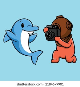 Cute Diver Capture Dolphin Cartoon Vektorsymbol Illustration. Science Nature Flat Cartoon Konzept