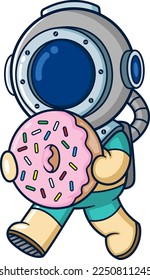 Cute diver carrying a big doughnut of illustration