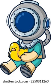 Cute diver carrying yellow rubber duck of illustration