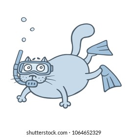 Cute diver cat. Cartoon animal character. Vector illustration.