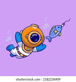 Cute Diver Catching Fish Cartoon Vector Icon Illustration. Science Nature Icon Concept Isolated Premium Vector. Flat Cartoon Style