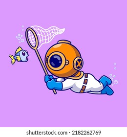 Cute Diver Capturando Pescado Con Pescador Neto De Caricatura Ilustración Icono Vector. Concepto de icono animal de ciencia Vector Premium aislado. Estilo de dibujo plano