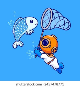 Cute Diver Catching Fish With Fishing Net Cartoon Vector Icon Illustration. Science Animal Icon Concept Isolated Premium Vector. Flat Cartoon Style