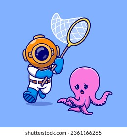 Cute Diver Catching Octopus with Fishing Net Cartoon Vector Icon Illustration. Science Animal Icon Concept Isolated Premium Vector. Flat Cartoon Style