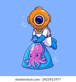 Cute Diver Catching Octopus With Plastic Bag Cartoon Vector 
Icon Illustration. Science Animal Icon Concept Isolated 
Premium Vector. Flat Cartoon Style