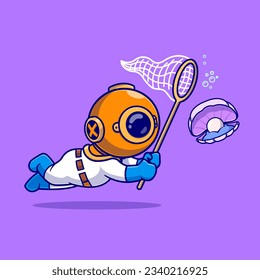 Cute Diver Catching Pearl Shell With Fishing Net Cartoon Vector Icon Illustration. Science Animal Icon Concept Isolated Premium Vector. Flat Cartoon Style