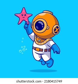 Cute Diver Capturando Cute Starfish Ilustración Icono Vector De Caricatura. Concepto de icono de la naturaleza de la ciencia Vector Premium aislado. Estilo de dibujo plano