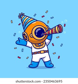 Cute Diver Celebrate Birthday Party Cartoon Vector Icon Illustration. Science Holiday Icon Concept Isolated Premium Vector. Flat Cartoon Style
