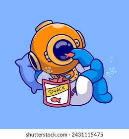 Cute Diver Chill With Eating Fish Snack Cartoon Vector Icon Illustration. Science Food Icon Concept Isolated Premium Vector. Flat Cartoon Style