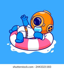 Cute Diver Chill On Swimming Tires With Juice Cartoon Vector Icon Illustration. Science Holiday Icon Concept Isolated Premium Vector. Flat Cartoon Style