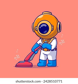 Cute Diver Limpieza Con Aspirador De Dibujos Animados Ilustración De Icono Vectorial. Vector Premium aislado del concepto del icono de la ciencia sana. Estilo plano de dibujos animados