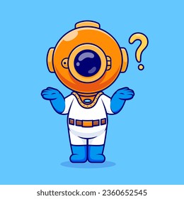 Cute Diver Confused Thinking Cartoon Vector Icon Illustration.  Science Technology Icon Concept Isolated Premium Vector. Flat Cartoon Style