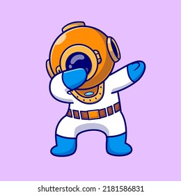 Cute Diver Dabbing Pose Cartoon Vector Icon Illustration. People Nature Icon Concept Isolated Premium Vector. Flat Cartoon Style