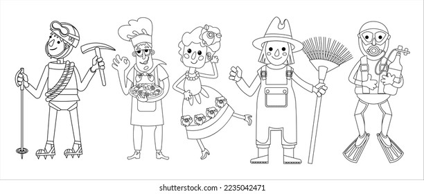 Cute diver, dancer, cook, mountaineer, gardener. People of different professions.  Character for postcards, books, posters. Black and white outline. Vector illustration isolated icon for design. 