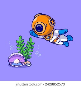 Cute Diver Diving In Sea With Pearl Shell Cartoon Vector Icon Illustration. Science Nature Icon Concept Isolated Premium Vector. Flat Cartoon Style