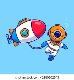 Buceo Con Submarino En Ilustración De Icono De Vector De Caricatura Oceánica. Concepto de icono de transporte de ciencia Vector Premium aislado. Estilo de dibujo plano