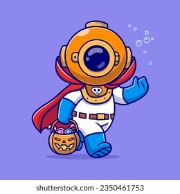 Cute Diver Dracula Bring Pumpkin Basket Candy Cartoon Vector Icon Illustration. Science Holiday Icon Concept Isolated Premium Vector. Flat Cartoon Style