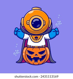 Cute Diver Dracula Halloween With Pumpkin Cartoon Vector Icon Illustration. Science Holiday Icon Concept Isolated Premium Vector. Flat Cartoon Style