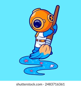 Cute Diver Drawing Sea With Paint Brush Cartoon Vector Icon Illustration. Science Nature Icon Concept Isolated Premium Vector. Flat Cartoon Style