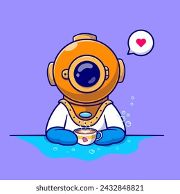 Cute Diver Drinking Coffee Cartoon Vector Icon Illustration. Science Drink Icon Concept Isolated Premium Vector. Flat Cartoon Style