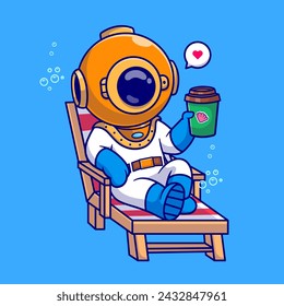 Cute Diver Drinking Coffee On Bench Cartoon Vector Icon Illustration. Science Drink Icon Concept Isolated Premium Vector. Flat Cartoon Style