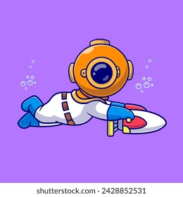 Cute Diver Driving Little Rocket Cartoon Vector Icon Illustration. Science Technology Icon Concept Isolated Premium Vector. Flat Cartoon Style