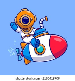 Cute Diver Driving Submarine With Waving Hand Cartoon Vector Icon Illustration. Science Nature Icon Concept Isolated Premium Vector. Flat Cartoon Style