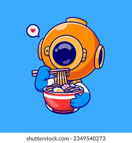 Cute Diver Eating Ramen Noodle Cartoon Vector Icon Illustration. Science Food Icon Concept Isolated Premium Vector. Flat Cartoon Style
