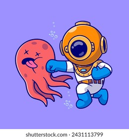 Cute Diver Fighting Octopus Cartoon Vector Icon Illustration. Science Animal Icon Concept Isolated Premium Vector. Flat Cartoon Style