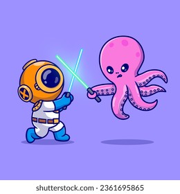 Cute Diver Fighting With Octopus With Light Saber Sword 
Cartoon Vector Icon Illustration. Science Animal Icon Concept 
Isolated Premium Vector. Flat Cartoon Style