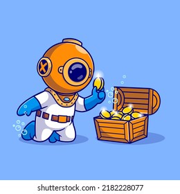 Cute Diver Find Treasures, Chest And Gold Coin Cartoon Vector Icon Illustration. Science Finance Icon Concept Isolated Premium Vector. Flat Cartoon Style