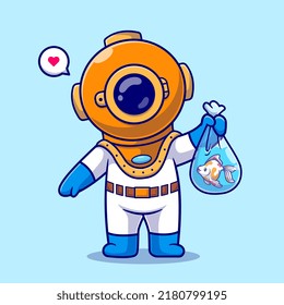 Cute Diver With Fish In Plastic Bag Cartoon Vector Icon Illustration. Science Animal Icon Concept Isolated Premium Vector. Flat Cartoon Style