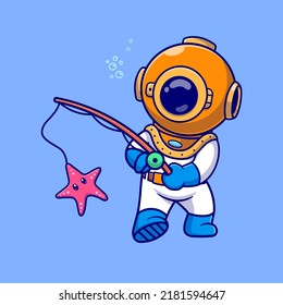 Cute Diver Fishing Starfish Cartoon Vector Icon Illustration. Science Nature Icon Concept Isolated Premium Vector. Flat Cartoon Style