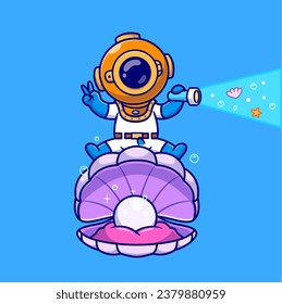 Cute Diver With Flashlight on Shell Pearl Cartoon Vector Icon Illustration. Science Animal Icon
Concept Isolated Premium Vector. Flat Cartoon Style