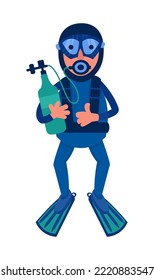 Cute diver with flippers and cartoon-style oxygen tank. Hobbies and sports. Character for postcards, books, posters. Vector illustration, isolated icon on white background.