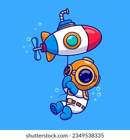 Cute Diver Floating With Submarine Balloon Cartoon Vector Icon Illustration. Science Transportation Icon Concept Isolated Premium Vector. Flat Cartoon Style