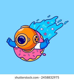 Cute Diver Flying With Donut Food Cartoon Vector Icon Illustration. Science Food Icon Concept Isolated Premium Vector. Flat Cartoon Style