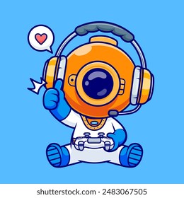 Cute Diver Gaming Cartoon Vector Icon Illustration. Science Technology Icon Concept Isolated Premium Vector. Flat Cartoon Style