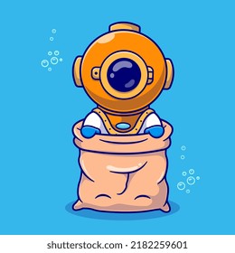 Cute Diver With Gunny Sack Bag Cartoon Vector Icon Illustration. Science Nature Icon Concept Isolated Premium Vector. Flat Cartoon Style
