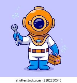 Cute Diver Handy Man Holding Wrench And Tool Box Cartoon Vector Icon Illustration. Science Nature Icon Concept Isolated Premium Vector. Flat Cartoon Style